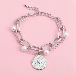 🆕 Emma Silver Toned Boho Chain Bracelet with Faux Pearls and Coin Charm